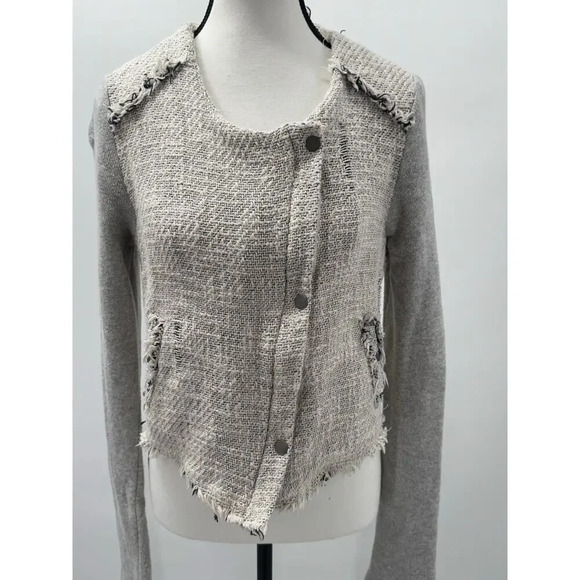 We The Free Women's Gray Tweed Crop Moto Jacket Frayed Hem 100% Cotton Size 6 - Picture 3 of 8